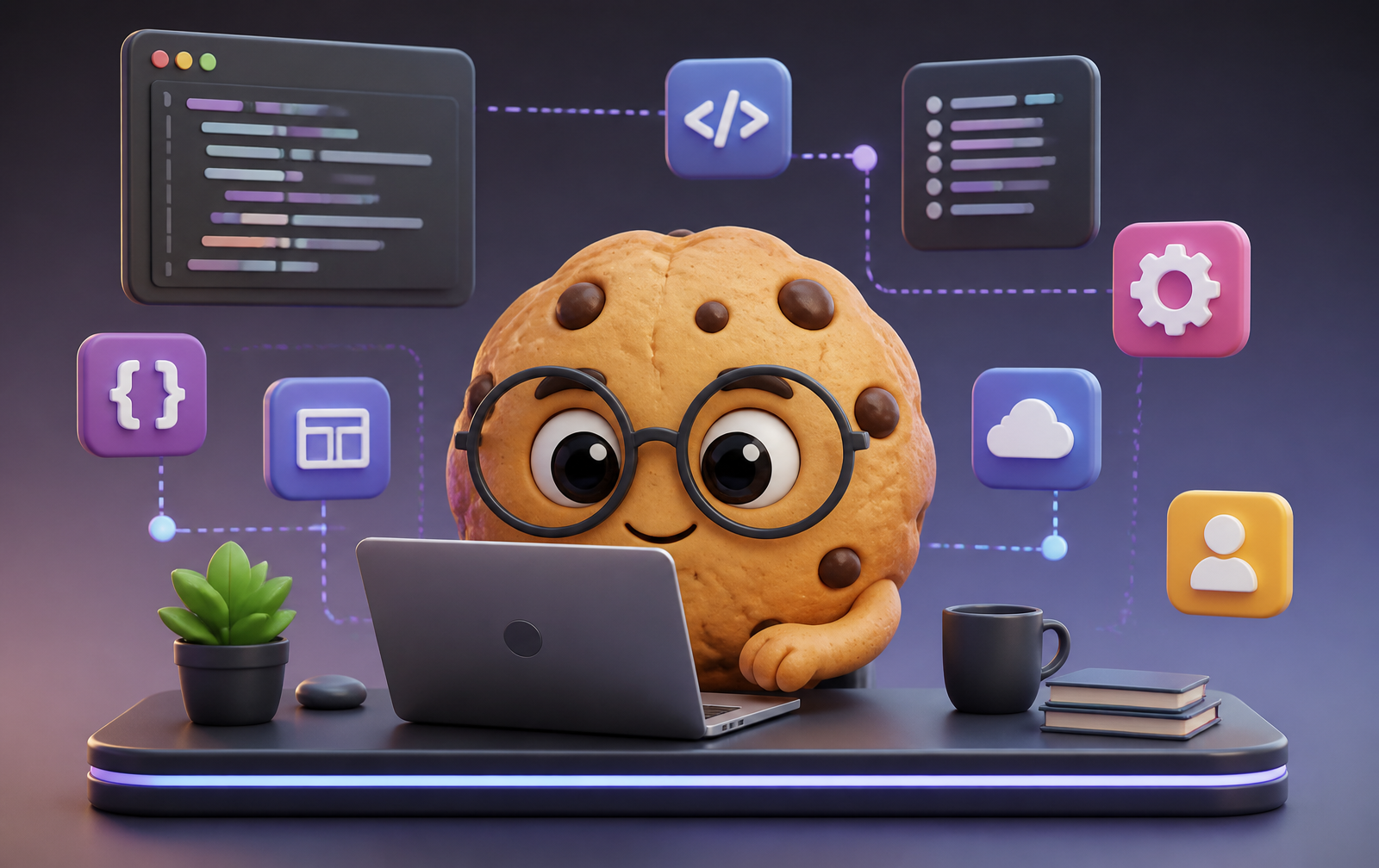 3D CookieGeek mascot using a laptop with technology icons